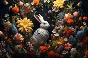 ai gegenereerd groot verzameling van bloemen, bladeren, vogels, konijn en voorjaar symbolen foto