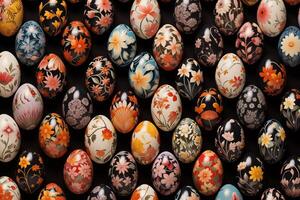 ai gegenereerd verzameling van precies geregeld eieren met bloemen patronen. veelkleurig Pasen achtergrond foto