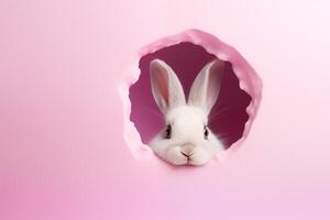 ai gegenereerd Pasen konijn piepgeluiden uit van de gat Aan pastel roze achtergrond foto