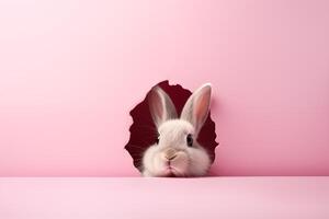 ai gegenereerd Pasen konijn piepgeluiden uit van de gat Aan pastel roze achtergrond foto