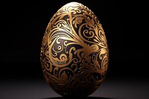 ai gegenereerd vallend luxe gouden 3d Pasen ei met patroon Aan zwart achtergrond. 3d renderen gelukkig Pasen luxe achtergrond met gouden en zwart eieren foto