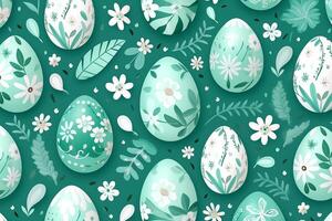 ai gegenereerd groen Pasen eieren, bladeren en bloemen. naadloos feestelijk voorjaar patroon. gelukkig en positief omhulsel of achtergrond voor uw vakantie goederen foto