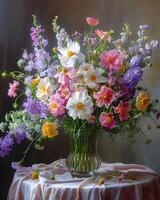 ai gegenereerd een levendig bloem arrangement siert de tafel in een vaas foto