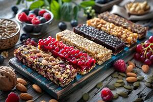 ai gegenereerd divers types van muesli bars gemaakt met natuurlijk ingrediënten foto