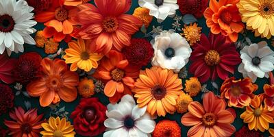 ai gegenereerd divers bloemen afgebeeld in kunstwerk, inclusief rood en oranje bloemblaadjes foto