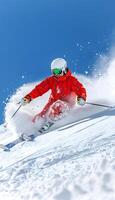 ai gegenereerd skiër in rood jasje skiën naar beneden besneeuwd helling met helm en ski uitrusting foto