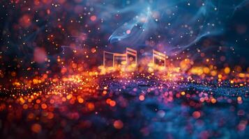 ai gegenereerd muziek- aantekeningen drijvend in kleurrijk lucht creëren een grillig atmosfeer foto
