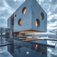 ai gegenereerd een gebouw met een glas facade met uitzicht een water landschap foto