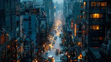 ai gegenereerd stadsgezicht met verlichte gebouwen, wolkenkrabbers, en bezig straten Bij nacht foto