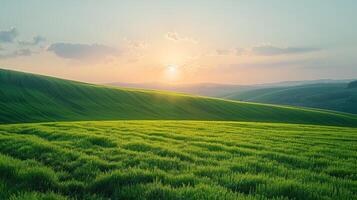 ai gegenereerd rollend groen veld- met achtergrond heuvels foto