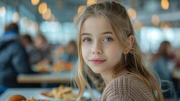 ai gegenereerd weinig meisje zittend Bij tafel met bord van voedsel foto