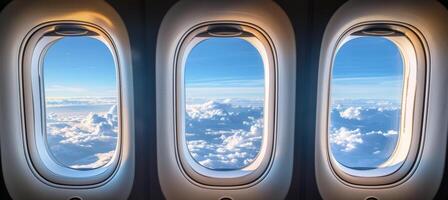 ai gegenereerd panoramisch horizon horizon canvas visie door vliegtuig venster, adembenemend antenne perspectief foto