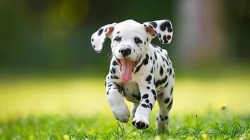 ai gegenereerd energiek dalmatiër puppy blij spelen in de weide, presentatie van haar mooi gevlekte jas foto