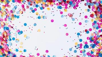 ai gegenereerd kleurrijk confetti grens kader herhaling patroon Aan wit achtergrond. kopiëren ruimte, ontwerp, trendy, geluk, verjaardag, behang, plezier, viering, decoratie, decoratief foto