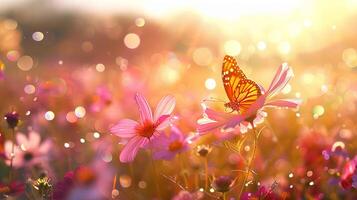 ai gegenereerd veld- van kleurrijk kosmos bloem en vlinder in natuur met zonlicht. zomer, lente, bokeh, flora, bloemen, paars, stuifmeel, insect, beestje, detailopname, achtergrond, behang, fabriek foto