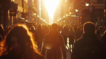 ai gegenereerd anoniem menigte van mensen wandelen Aan stad straat. bevolking, persoon, groep, sociaal, samenleving, wandelen, werk, bedrijf, druk, stormloop uur foto