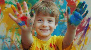 ai gegenereerd gelukkig jongen spelen met kleuren. kleur, waterverf, hand, handen, glimlach, kind, jeugd, plezier, baby, kinderen, plezier, grappig, uitdrukking, lachen, klein, Speel, verf, portret foto