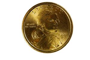 hoofden kant van sacagawea ons goud dollar munt Aan wit foto