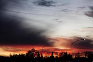 bewolkt lucht zonsondergang met straat lampen en bomen foto
