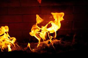strak schot van vlammen stijgende lijn omhoog van hout brand in haard foto