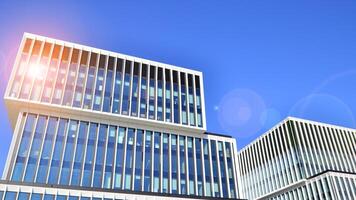 modern kantoor gebouw in de stad met ramen en staal en aluminium panelen muur. hedendaags reclame architectuur, verticaal convergeren meetkundig lijnen. foto