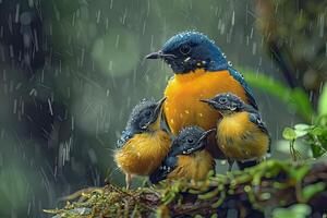 ai gegenereerd kleurrijk vogel moeder en zonen onder de regen foto