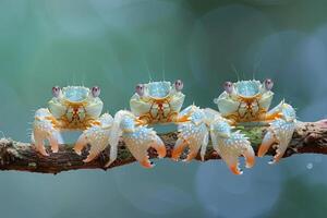 ai gegenereerd krab baby groep van dieren hangende uit Aan een tak, schattig, lachend, aanbiddelijk foto