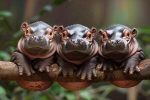 ai gegenereerd nijlpaard baby groep van dieren hangende uit Aan een tak, schattig, lachend, aanbiddelijk foto