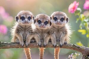 ai gegenereerd meerkat baby groep van dieren hangende uit Aan een tak, schattig, lachend, aanbiddelijk foto