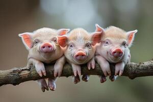 ai gegenereerd varken baby groep van dieren hangende uit Aan een tak, schattig, lachend, aanbiddelijk foto