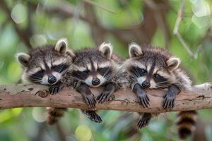 ai gegenereerd wasbeer baby groep van dieren hangende uit Aan een tak, schattig, lachend, aanbiddelijk foto