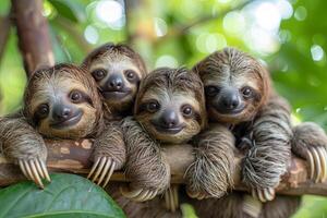 ai gegenereerd luiaard baby groep van dieren hangende uit Aan een tak, schattig, lachend, aanbiddelijk foto