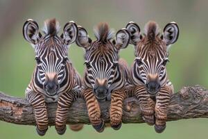 ai gegenereerd zebra baby groep van dieren hangende uit Aan een tak, schattig, lachend, aanbiddelijk foto