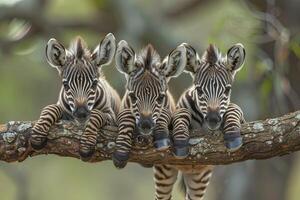 ai gegenereerd zebra baby groep van dieren hangende uit Aan een tak, schattig, lachend, aanbiddelijk foto