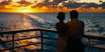 ai gegenereerd romantisch kort verhaal over een vrouw en een Mens wie ontmoeten Aan een luxe reis schip en genieten de zonsondergang foto