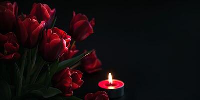 ai gegenereerd rood rozen en een gloeiend kaars in duisternis, reeks Aan zwart backdrop foto