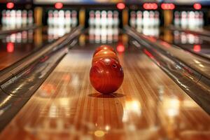 ai gegenereerd bowling steeg met twee ballen, pinnen, en sport- uitrusting foto
