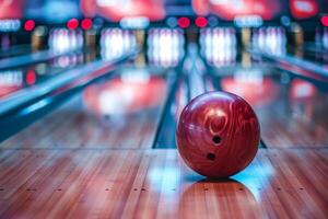 ai gegenereerd bowling bal Aan houten steeg in tenpin bowling bal spel foto