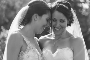 ai gegenereerd bruiden in bruids kleding knuffel met glimlacht in zwart en wit fotograaf foto