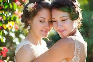 ai gegenereerd twee bruiden in bruiloft jurken glimlachen en knuffelen met bloemen foto