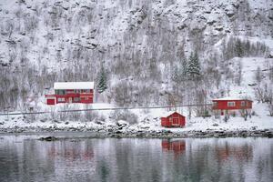 rd rorbu huizen in Noorwegen in winter foto