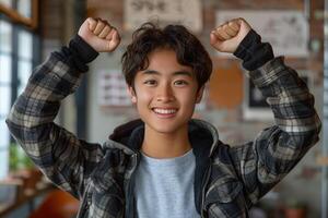 ai gegenereerd portret van gelukkig Aziatisch jongen verhogen handen verheugt binnen- foto