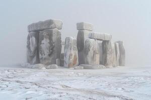 ai gegenereerd oude megalithisch cromlech Aan een ijzig winter dag foto