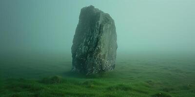 ai gegenereerd mysterieus eenzaam megaliet in dik mist foto