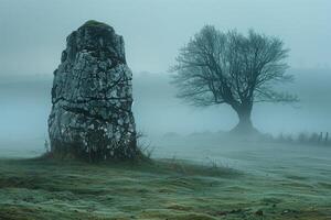 ai gegenereerd mysterieus eenzaam megaliet in een verkoudheid ochtend- mist foto