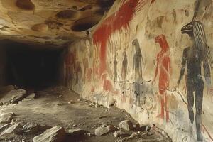 ai gegenereerd grot schilderen, natuurlijk rots muur met vreemd figuren geschilderd foto