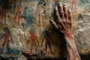 ai gegenereerd grot schilderen, de hand- van een inheems persoon accenten een oude steen met menselijk figuren afgebeeld Aan het foto