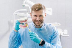 een model- van een menselijk kaak met tanden en een tandenborstel in de tandarts hand- foto