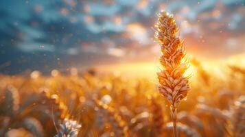 ai gegenereerd oren van gouden tarwe in detailopname. mooi natuurlijk landschap Bij zonsondergang. een veld- met tarwe foto