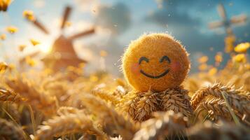 ai gegenereerd een vrolijk tekenfilm zonnig karakter in een veld- met tarwe en een molen. 3d illustratie foto